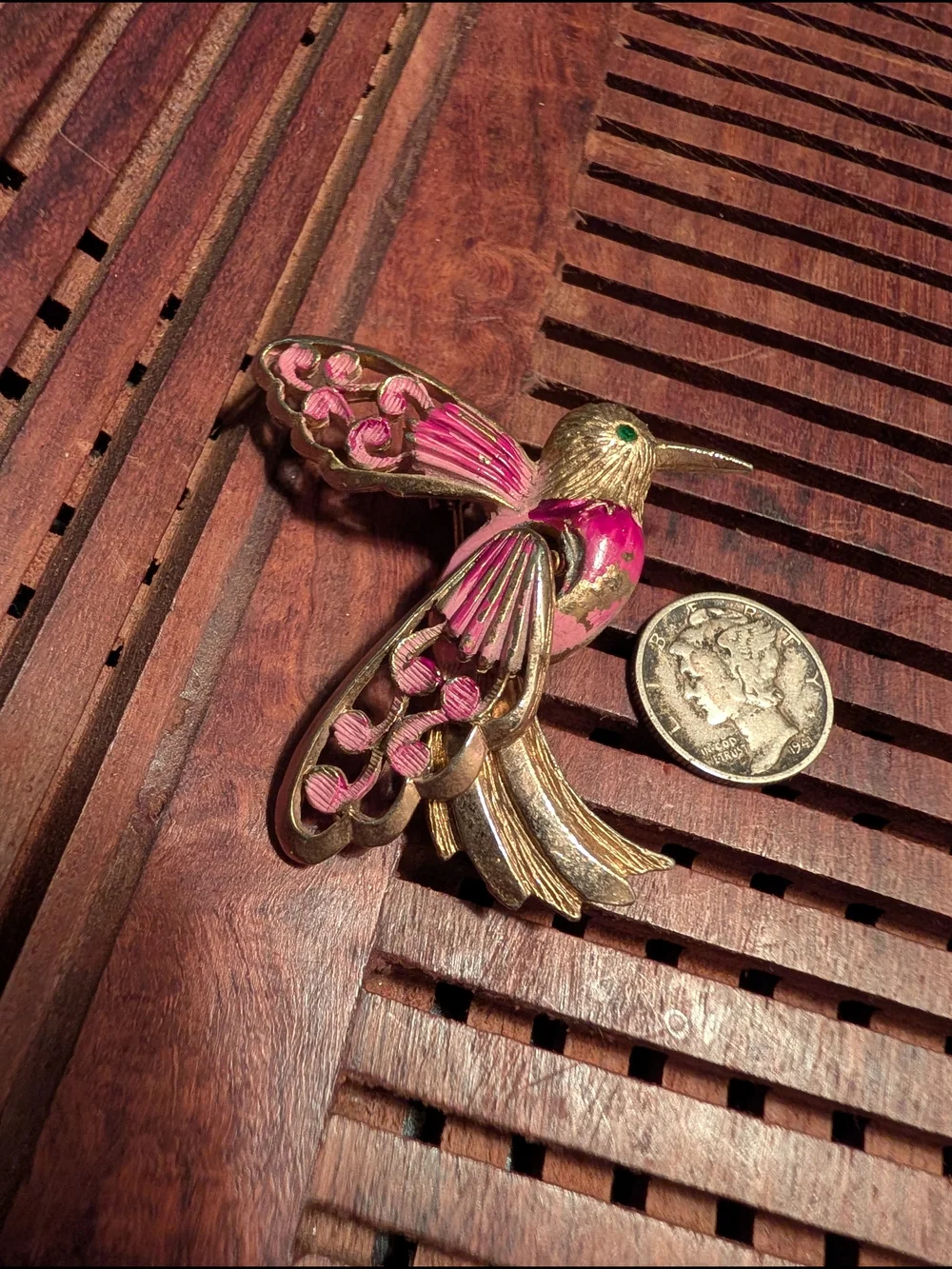 Gold-Tone Pink Enamel Hummingbird Brooch